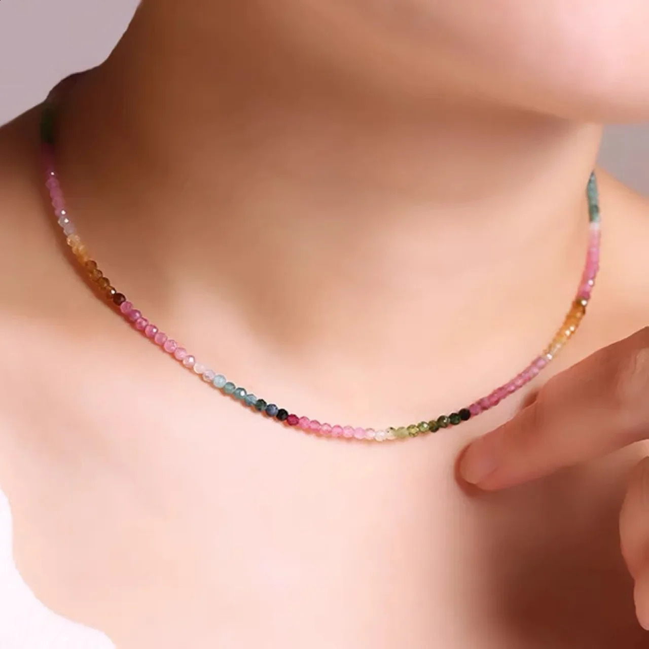 2mm Extremely Fine Natural Tourmaline Clavicle Chain Chokers Necklace Womens Rainbow Niche Sense Gradient Summer 260208