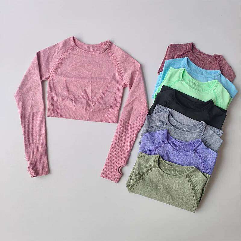 Long Sleeve Yoga Crop Top Women Round Neck Seamless Gym Tops Stretch Fit Running Shirts With Thumb Hole Workout Clothes 26Y0224