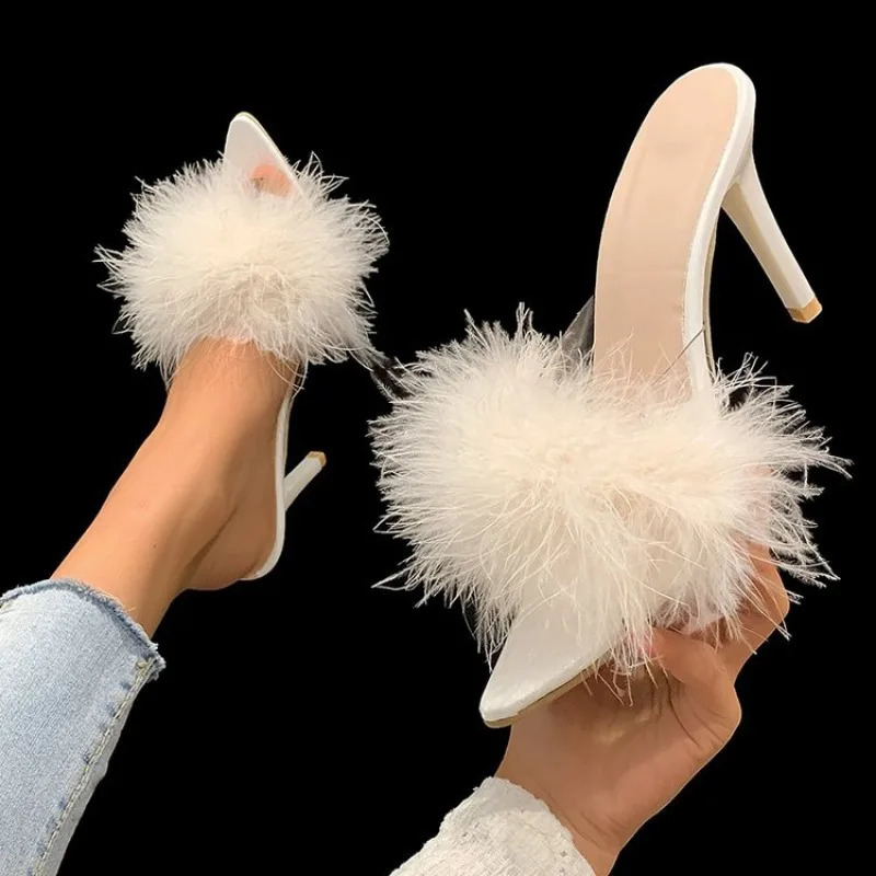 Summer High Heels Sexy Slippers with Fine Heel n and Hairy Decoration Cool Slippers with Daily Pointed Points 260124