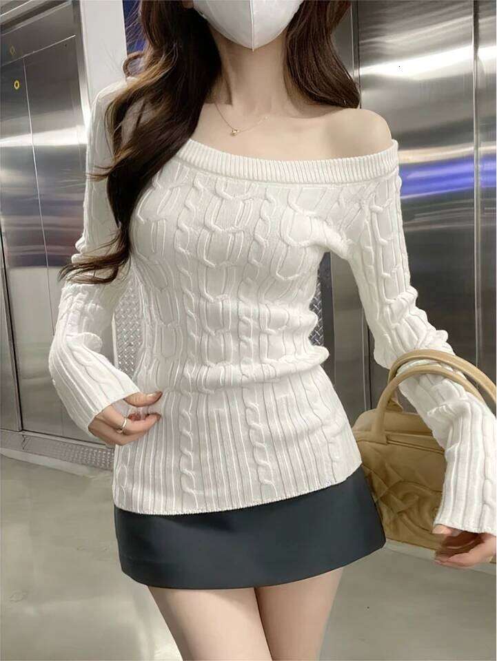 Casual Off shoulder Rib Knit Sweater Pull Women Long sleeve Top Basic Tees White Slim Pullovers Lady Sexy One Shoulder New 26L0224