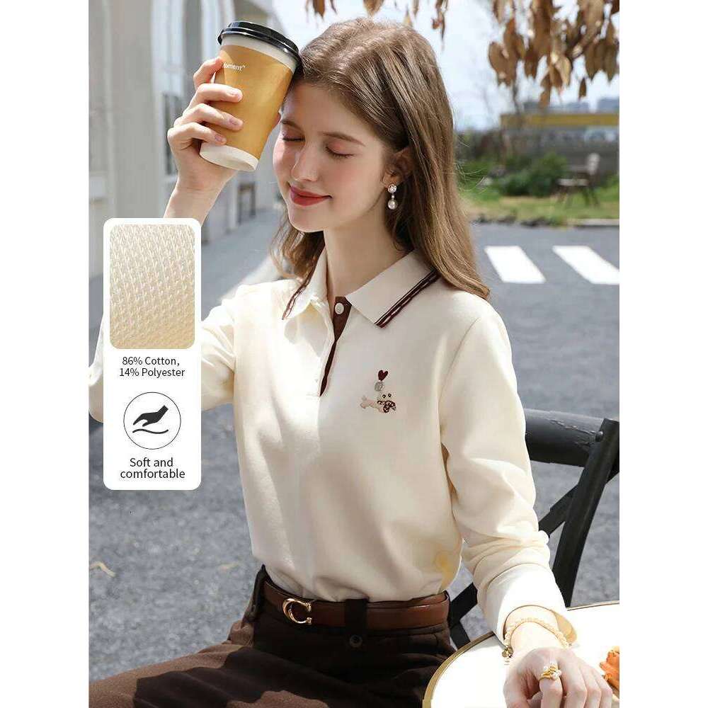 I BELIEVE YOU Polo Neck Long Sleeved T-shirt for Women Autumn 2025 Apricot Casual Tees Contrast Color Embroidery Top 2253016181 26W0224