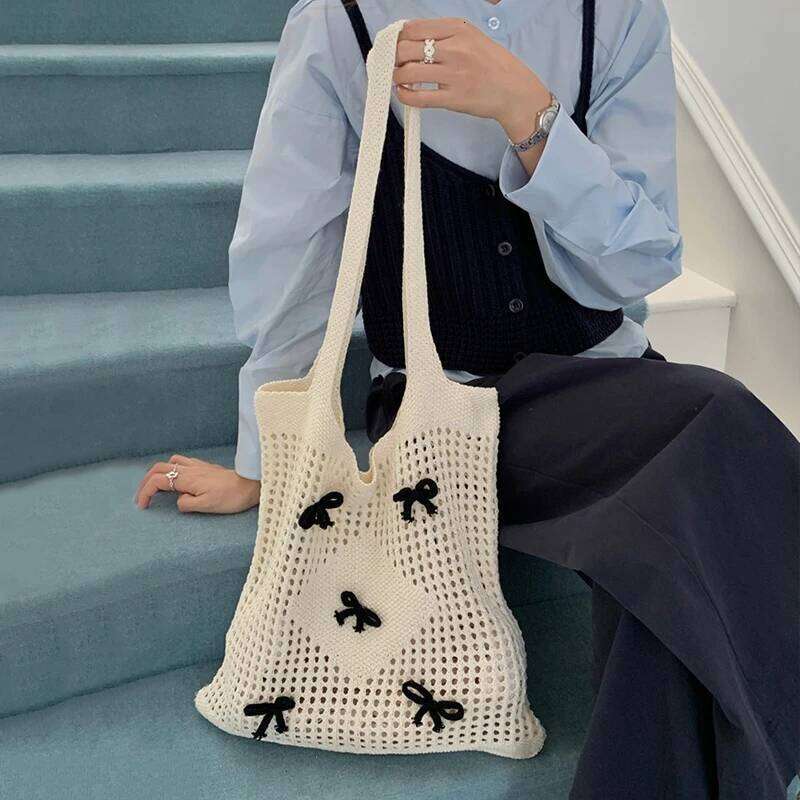 Bowknot Crochet Tote Summer Beach Mesh Knitted Large Aesthetic Shoulder Knit Handbags Hollow Bag for Women Z260224