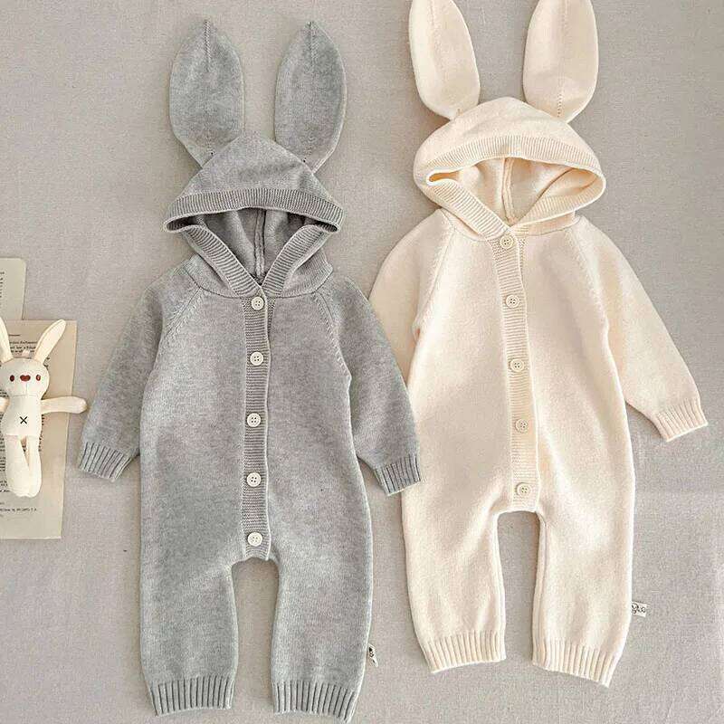 Autumn Winter Toddler Boys Girl Romper Korean Style Long Sleeved Solid Color Hooded Infant Baby Knitted Jumpsuit 26H0224