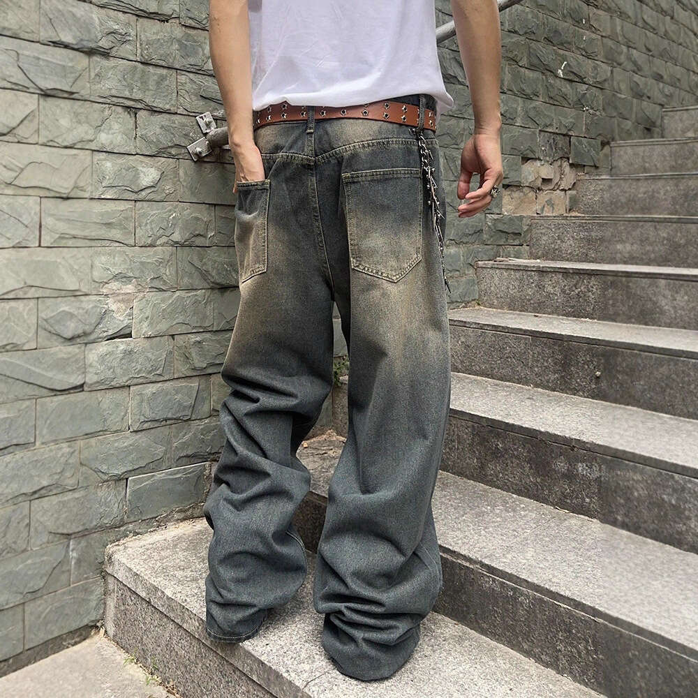 2025 Spring and Autumn New Street Style Trendy Brand Washed Design Jeans Loose Floor-Length Wide-Leg Pants