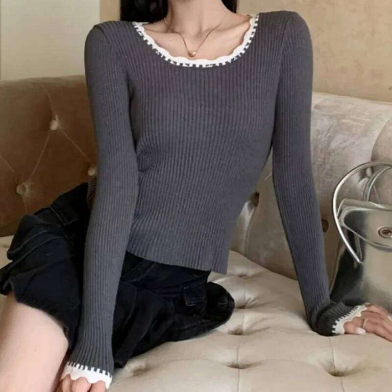 Women Rib Knit Pullover Sweater with Overlocked Trim Long Sleeve Slim-Fit Tops Jumper Spring Autumn Teen-girl Casual Knitwear 26L0224
