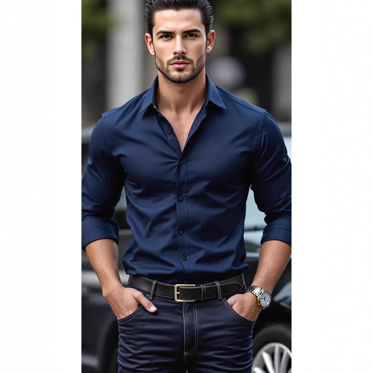 2026 European and American tough guy style tight-fitting shirt for men, slim fit, non-iron, long-sleeved cardigan, shiny, reflective, casual workwear 