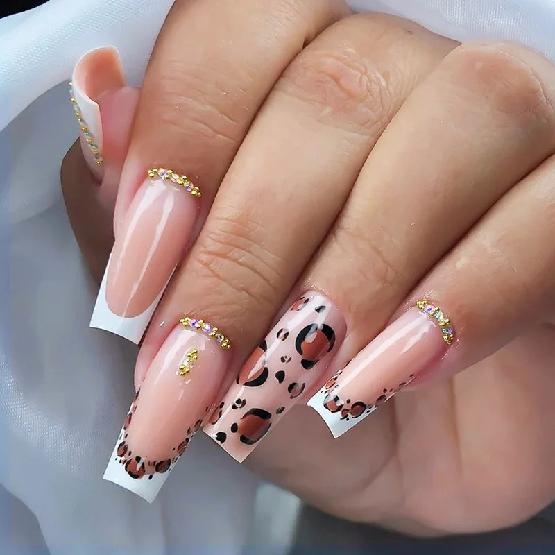 24Pcs Long Square Press on Nails Leopard Print French 3D Cherry n False Nail Rhinestone Wearable Full Cover Fake Nails Tips 260209