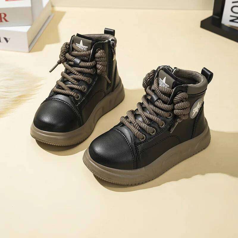 Children's Padded Sneakers 3-18 Years Old High Top Thickened Boys Girls Casual Brown Soft Non-slip Kids Cotton Shoes 26W0224
