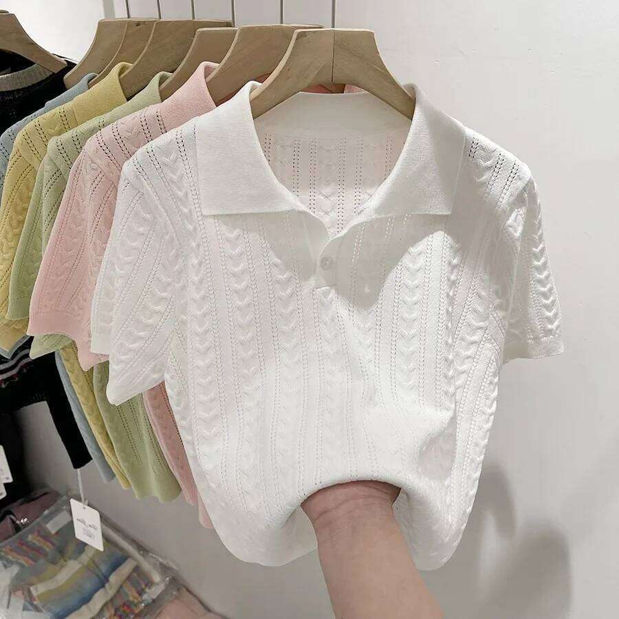 Summer Soft Sticky POLO Collar Ice Silk Knitted Sweater for Women with A Niche Short Sleeved Design and Thin Top 26W0224