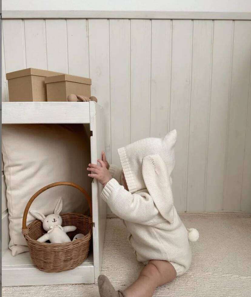 Knitted Newborn Bunny Ear Hooded Baby Girl Clothes Cotton Toddler Sweater Romper Boy Jumpsuit Playsuit 26H0224