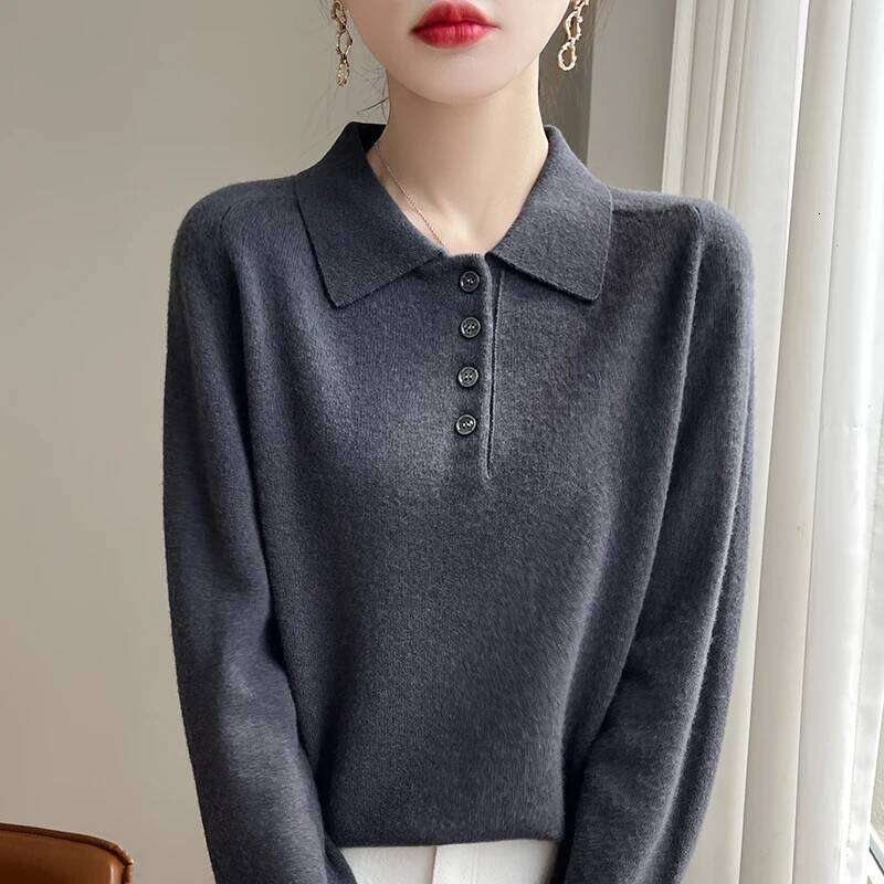 Polo Neck Pullover 100% Merino Wool Solid Color Knit Top Fashion Korean Sweater Autumn and Winter Women's Clothes 26W0224