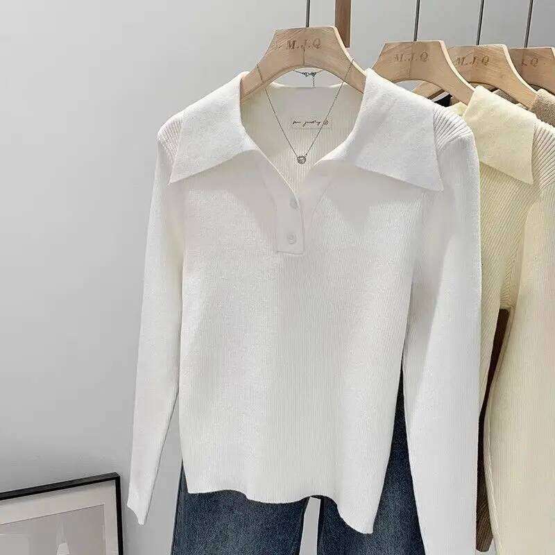 Women's Clothing Basic All-match Polo Collar Pullovers Autumn Winter Casual Loose Long Sleeve Sweaters Elegant Chic Button Tops 26W0224
