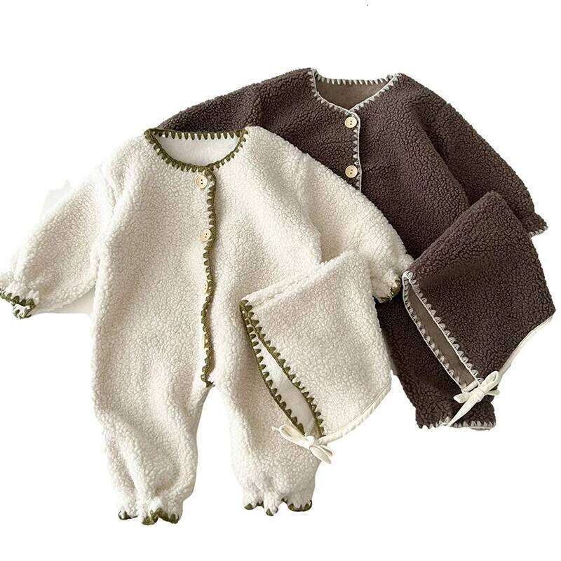 Winter Baby Romper Lamb Wool Jumpsuit Hat Set for Boys Girls Loose Toddler Infant Rompers Fashion Plush Kids Clothing 0-3 Years 26H0224