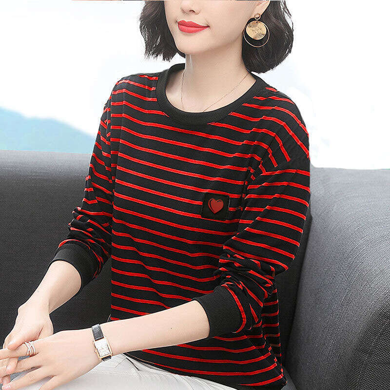 Women's Long-Sleeve T-Shirt 2026 New Style For Middle-Aged Mothers, Plus Size, Loose Fit, Slimming, Horizontal Stripes, Autumn Fashion Top