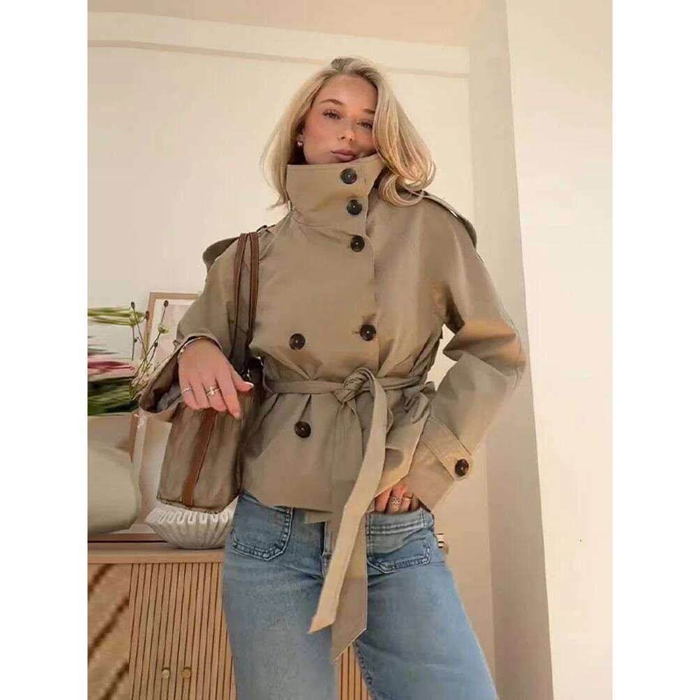 Mardi Hefxessdr Belted Waist Cropped Trench Jacets Double Breasted Stand Collar Coats Autumn Chic Casual Vintae Jacet Women Cloth