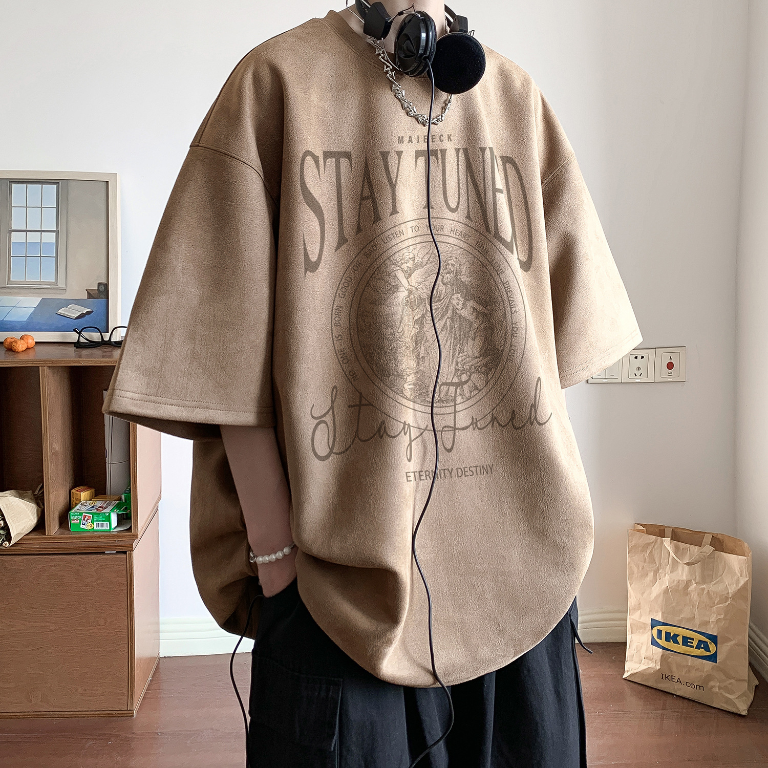 Men's Heavyweight Suede Short Sleeve T-Shirt Summer American Style Trendy Tops For Teen Boys