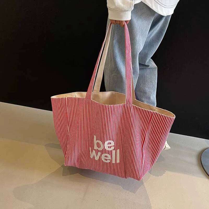 Casual Large Stripe Women's Shoulder 2025 New Fashion Commuter Tote Bag High Capaci Canvas Handbag for Youth bolso mujer Z260224