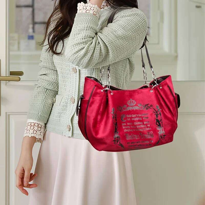 Letter Print Faux Suede Women Handbag Shoulder Bag, Retro Large Capacity Tote for Daily Commuting and Hand-Carry.Pumpkin Bag Z260224