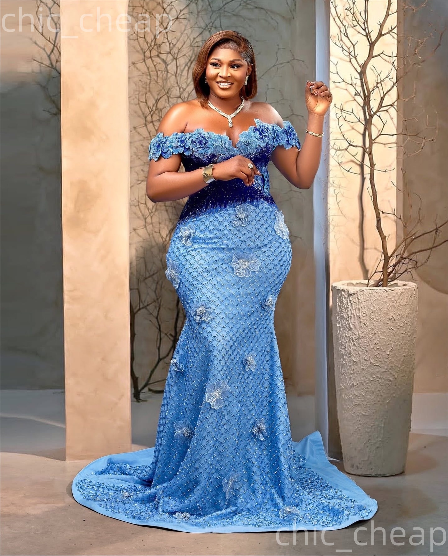 Aso Ebi Sky Blue Mermaid Prom Dresses 2026 Flowers Sequined Sweetheart Evening Formal Party Second Birthday Engagement Gowns Dress For Special Occasio