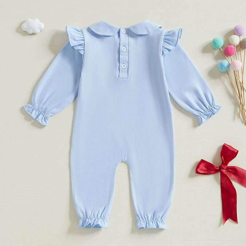 Newborn Girl Long Sleeve Jumpsuit Bow Print Peter Pan Collar Ruffle Romper Playsuit Baby Outfit 26H0224