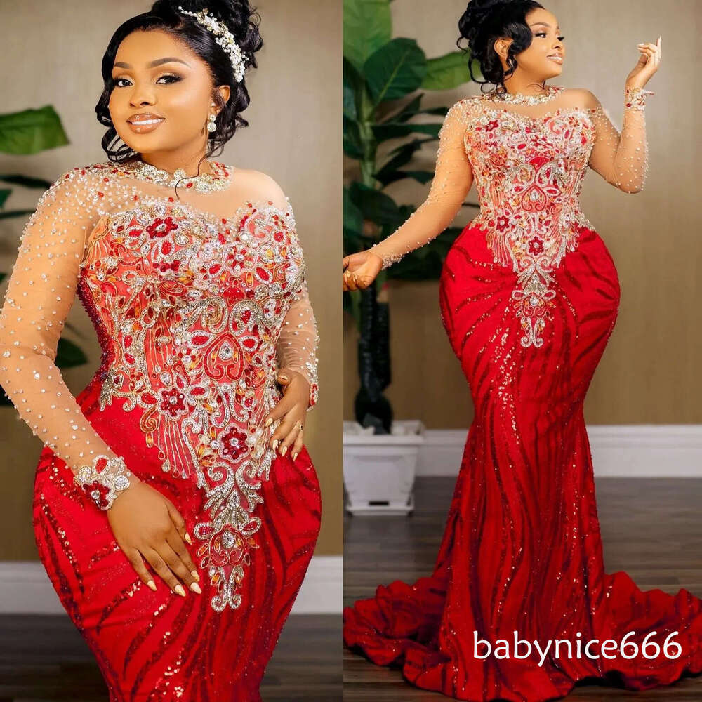Red Mermaid Prom Dresses 2026 Beaded Lace Full Sleeves Sparkly Evening Formal Party Second Birthday Engagement Gowns Plus Size Dress For Special Occas