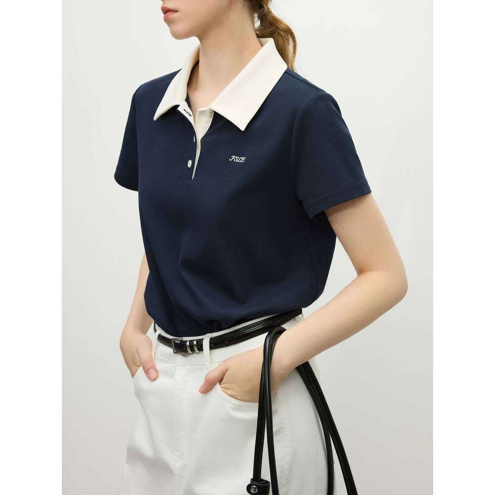 FSLE Polo Collar Retro Knitted Short-sleeved T-shirt Women's Spring 2025 New Design Elegant Style Tops Chic Outfit 25FS11140 26W0224