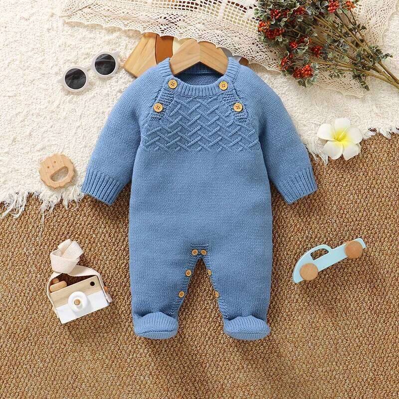Blue Baby Rompers Knit Casual Crew Neck Full Sleeves Infant Boy Winter Jumpsuits Clothes Autumn Outwear Toddler Sweaters Outfits 26Y0224