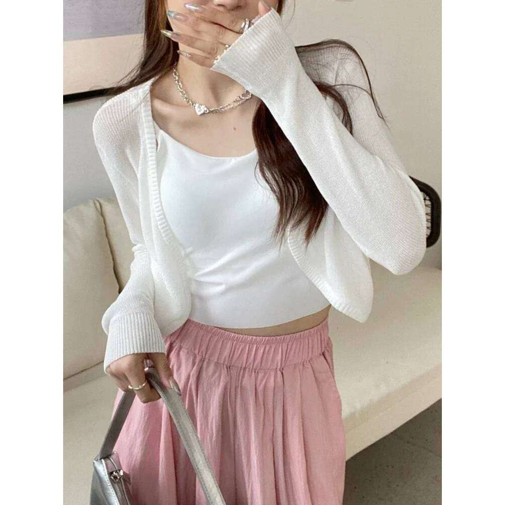 Women Thin White Cardigan Summer Sunscreen Lace-up Knitwear Tops Lady Korean Style Casual Long Sleeve Short Sun Protected Top 26L0224