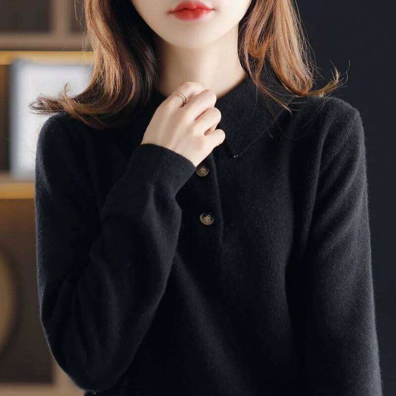 POLO Collar Sweater Solid Color Pullover Base Shirt for Women New Style 26W0224