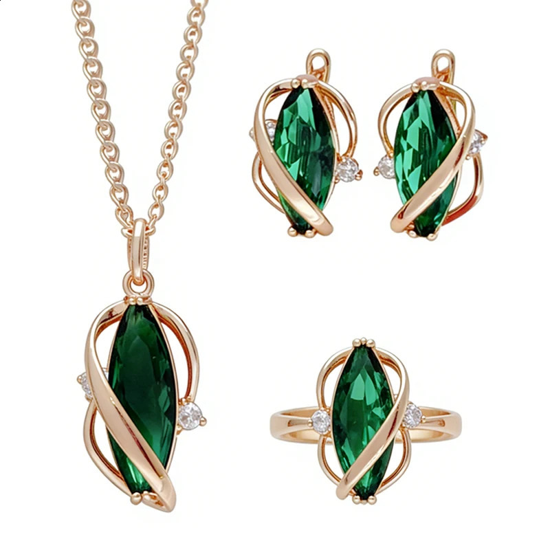 Kinel Shiny Green Natural Zircon Jewelry Sets for Woman Fashion 585 Rose Gold Color Ring Earrings Necklace 3Pcs Vintage 260207