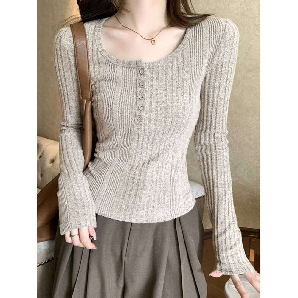 U-Neck Long-Sleeved T-shirt Female Spring & Fall 2024 New Arrival Korean Tops Sexy Sunken Stripe Brushed Inner Bottoming Clothes 26L0224