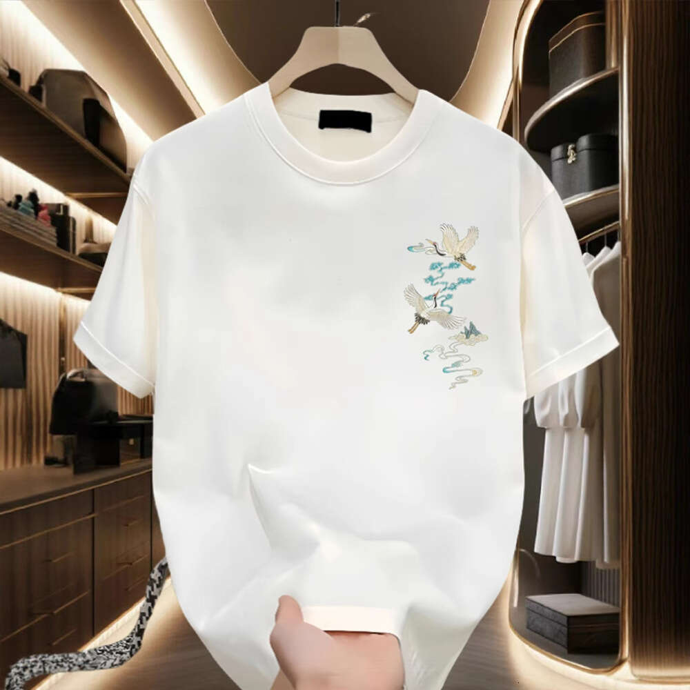 Men's T-shirt Chinese Style Double Crane Cloud Embroidered Loose Fit Exquisite Double Crane And Cloud Print On Back Breathable Comfortable Soft C