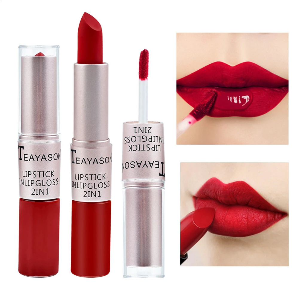 1Pc Long Lasting Velvet Matte Lipstick Double Head Lip Gloss Non-stick Cup Lip Gloss Waterproof 2 in 1 Matte Red Lipstick Makeup 260130