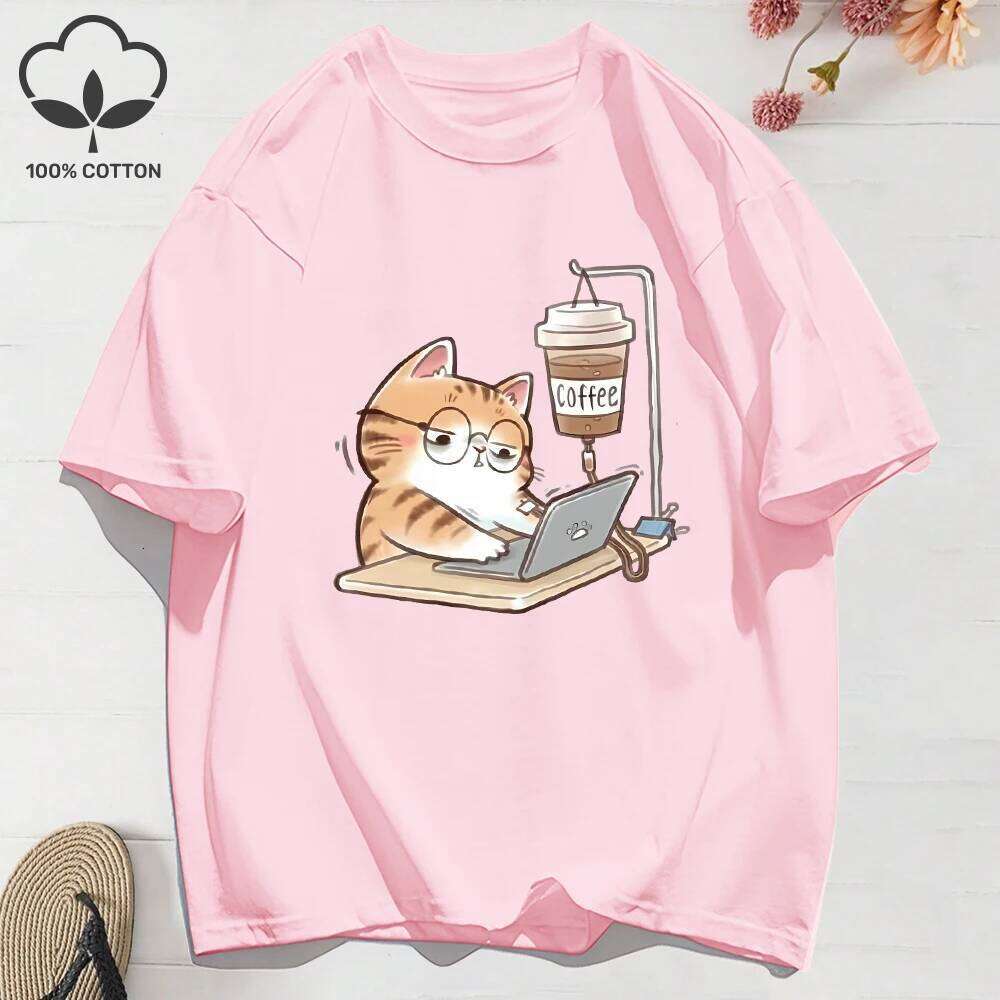 100% Cotton Womens T-Shirts Summer Work Cats That Cannot Do Without Coffee Prints T Shirt Soft Loose O-Neck Tops Basic Clothes H260224