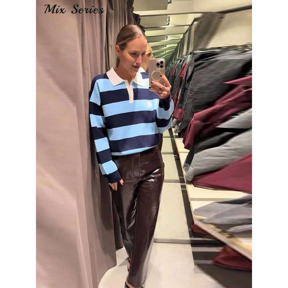 Fashion Polo Collar Striped Knit Sweater Women's Long Sleeve Loose Pullover Top 2026 Spring New Lady All-match Casual Wear 26W0224