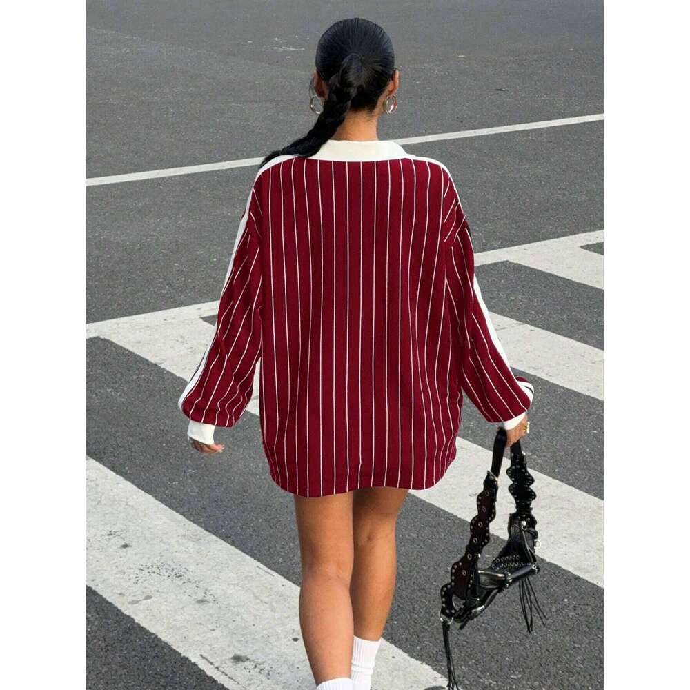 Women's Casual Striped Letter & Number Print Athletic Polo Collar Long Sleeve T-Shirt Drape Oversize Tops Streetweat Spring/Fall 26W0224