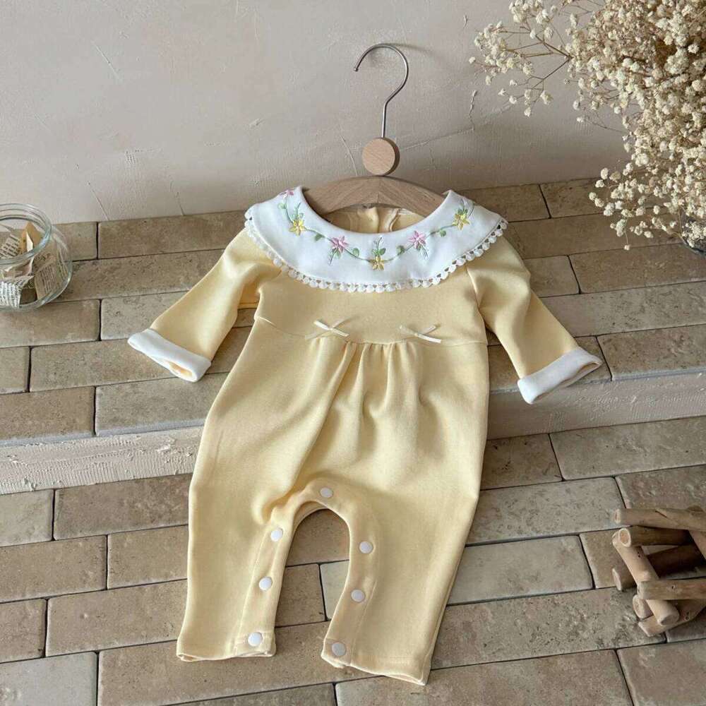 Autumn New Baby Girls Cute Light Yellow Doll Collar Long Sleeve Crawler Newborn Jumpsuits Clothing Romper Soft Outfits 26H0224