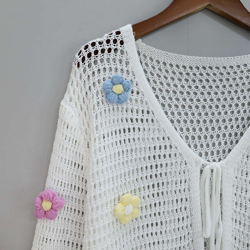 Spring/Summer New Hollow V-Neck Long Sleeve Floral Crochet Knit Sweater Short Cardigan In Vintage Style
