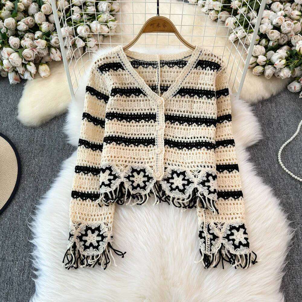 Embroidery Floral Crochet Knit Top with Tassel Long Sleeve Button-down Open-knit Cardigan Sweater Women Teen-girl Cute Outfit 26L0224