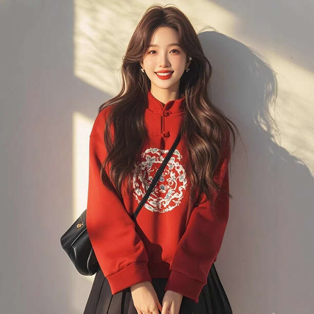 New Chinese Women's Clothing National Style Red Sweatshirt In Their Zodiac Year, Slim Fit, Regular Shoulder Design, Printed Top For Petite Women