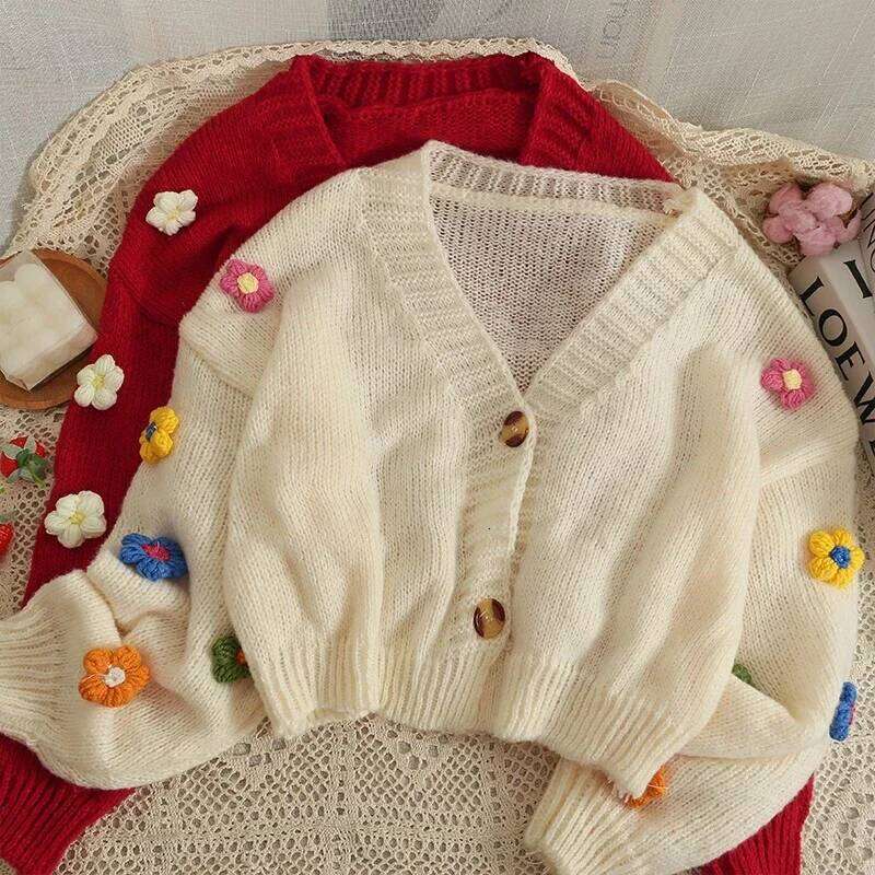 2026 New Spring Autumn Colourful Applique Flower Cardigan For Women Girl Cute Soft Knitwear Long V-neck Knit Crop Sweater 26L0224