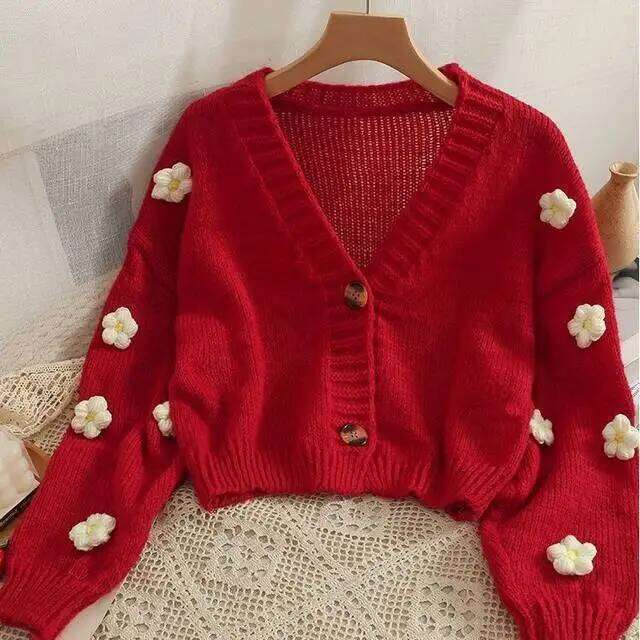 Sweet 3d Flower V Neck Knitted Cardigan Women 2025 Autumn New Long Sleeve Thin Sweater Coat Solid Versatile Short Tops 26L0224