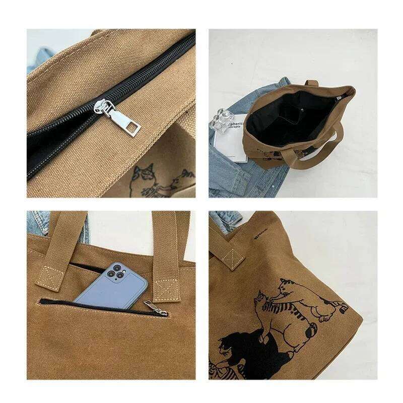 Canvas Totes Large Capacity Storage Handbag Women Tote Anime Cat Letters Shoulder Bags Girls Casual Commute Portable Big Bag Z260224
