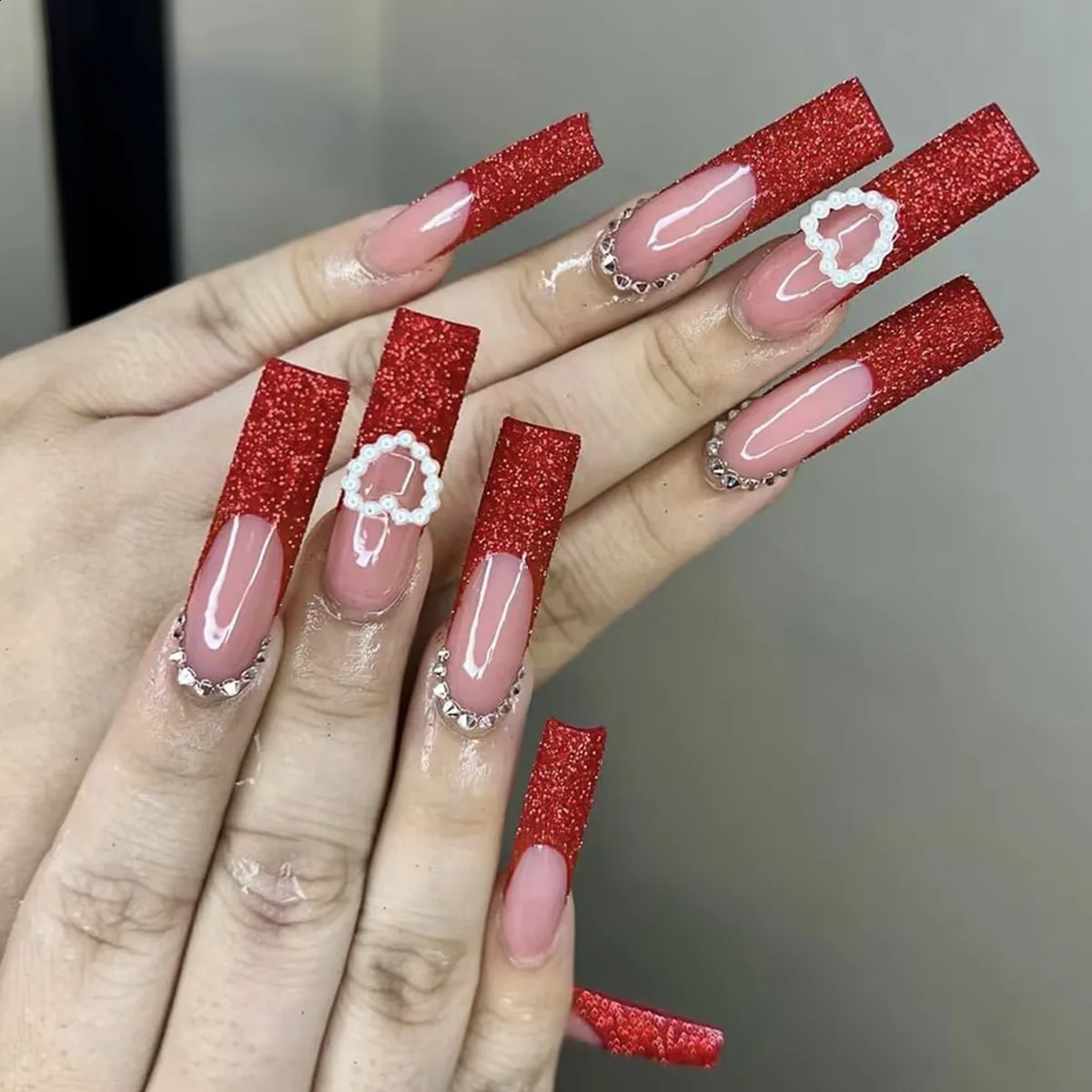 24Pcs Long Square Press on Nails Leopard Print French 3D Cherry n False Nail Rhinestone Wearable Full Cover Fake Nails Tips 260209