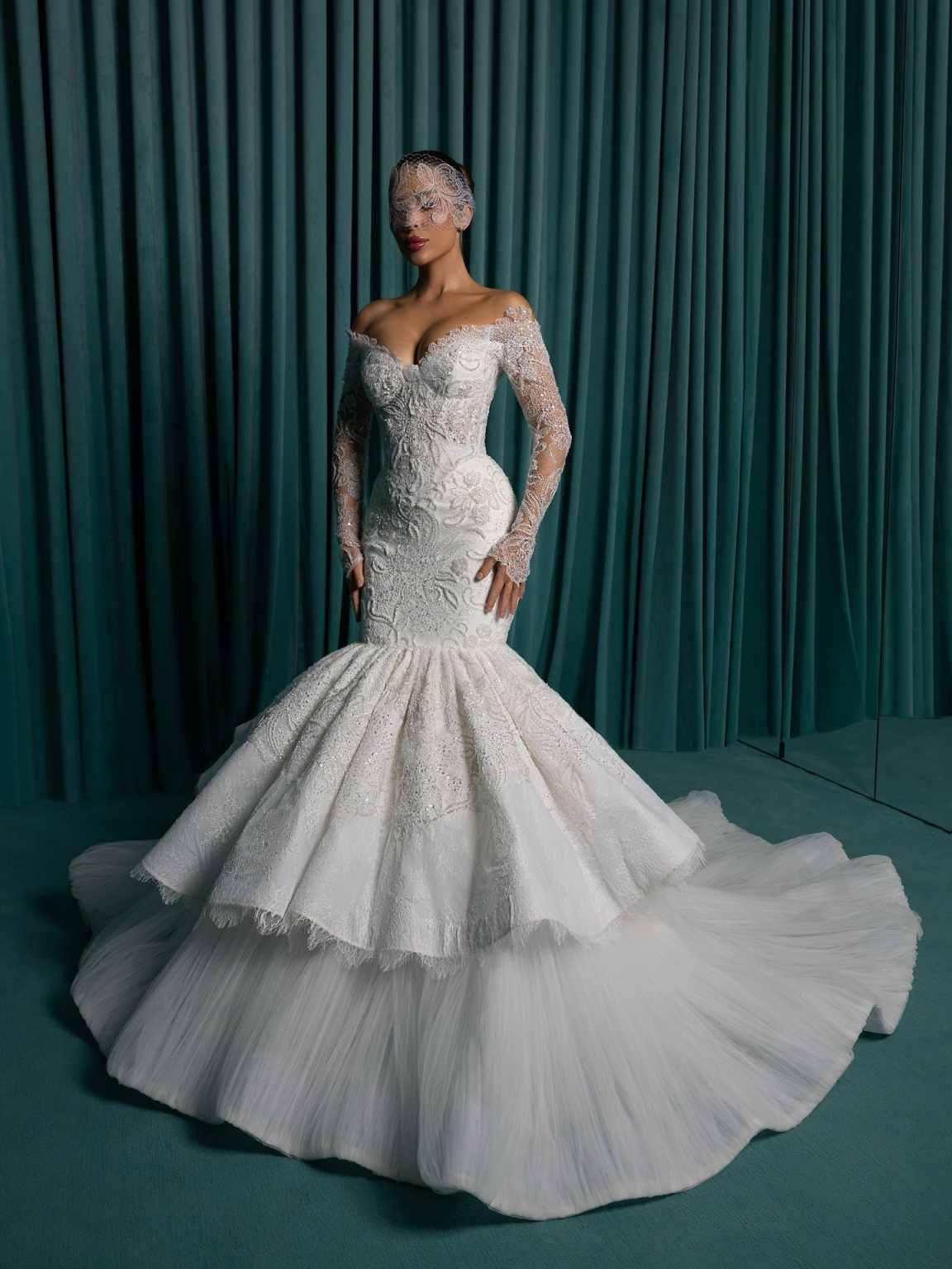 Exquisite Mermaid Wedding Dresses Off-Shoulder Long Sleeve Lace Appliques Beaded Bridal Gowns Tiered Skirts Customized Vestido De Novia