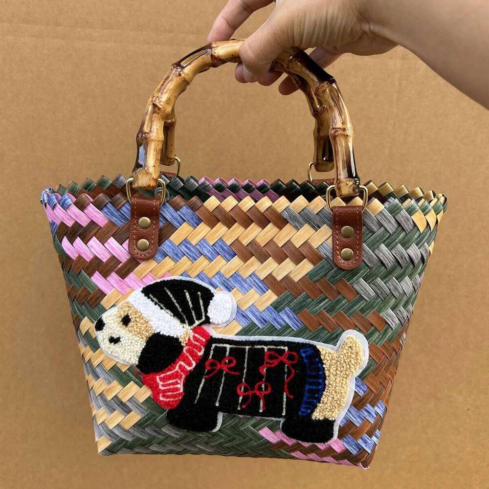 Retro Striped Dachshund Dog Woven Handbag Nylon Rope Pendant Tote Hand Women's Beach Bag Z260224