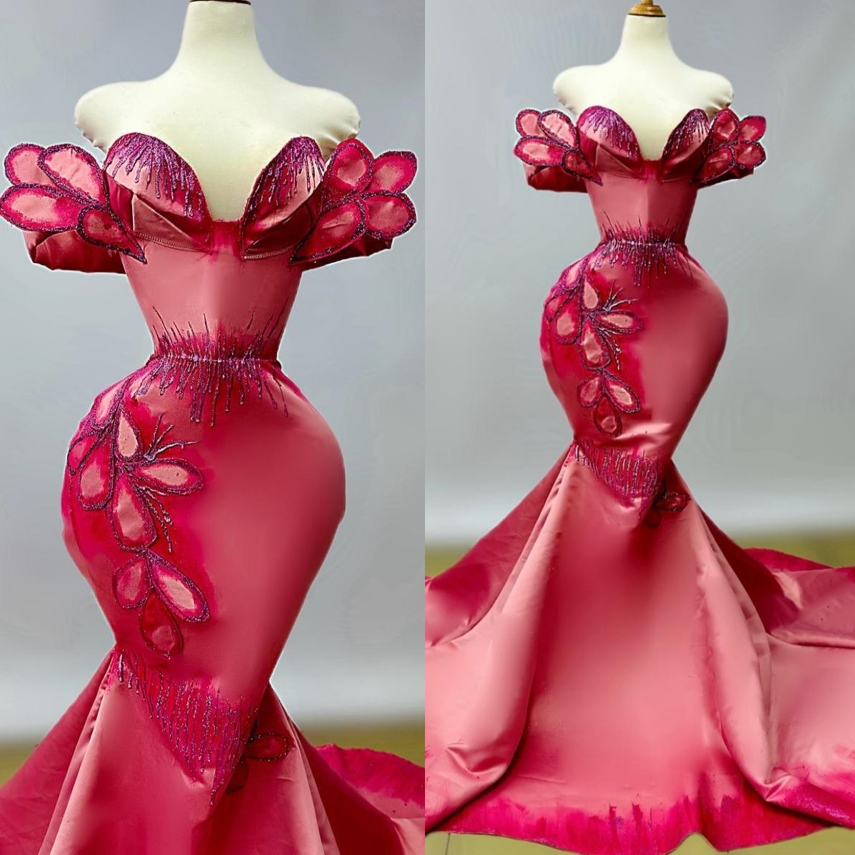 Aso Ebi Water Melon Mermaid Prom Dresses 2026 Florals Satin Printed Evening Formal Party Second Birthday Engagement Gowns Dress For Special Occasions