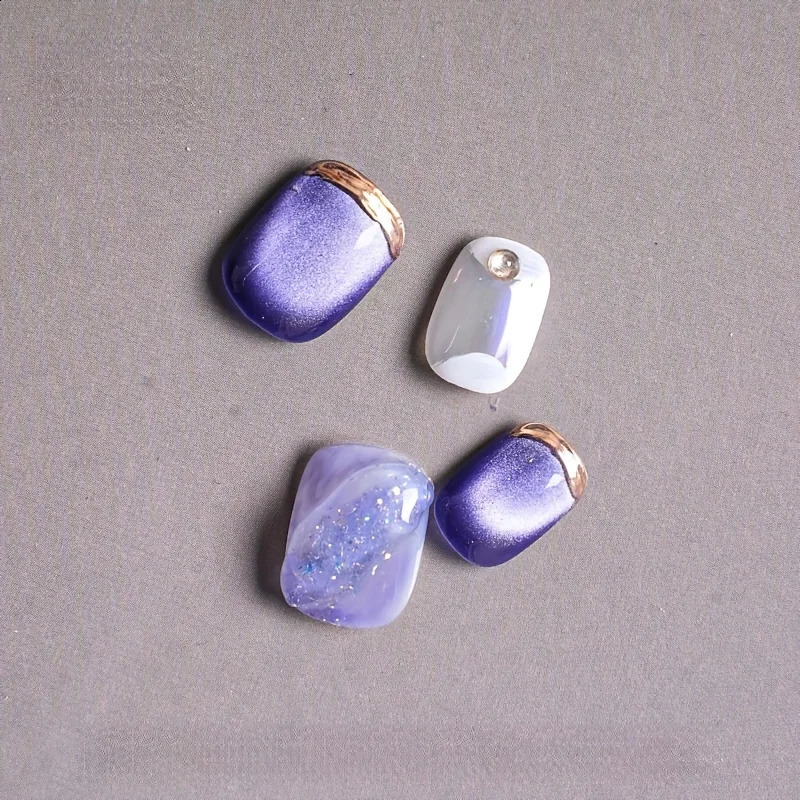 10pcs/set Handmade Dreamy Blue Press-On Nails Short Ballet Shape Gradient Ombre n Glossy Finish Removable False Nail Tips 260209