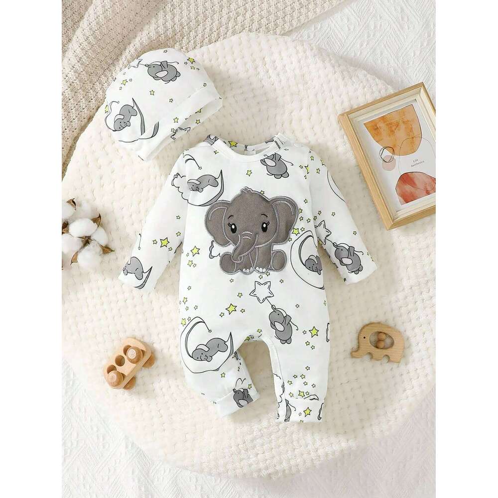 2pcs Baby Cute Elephant Pattern Embroidery Long Sleeve Romper With Hat 26Y0224