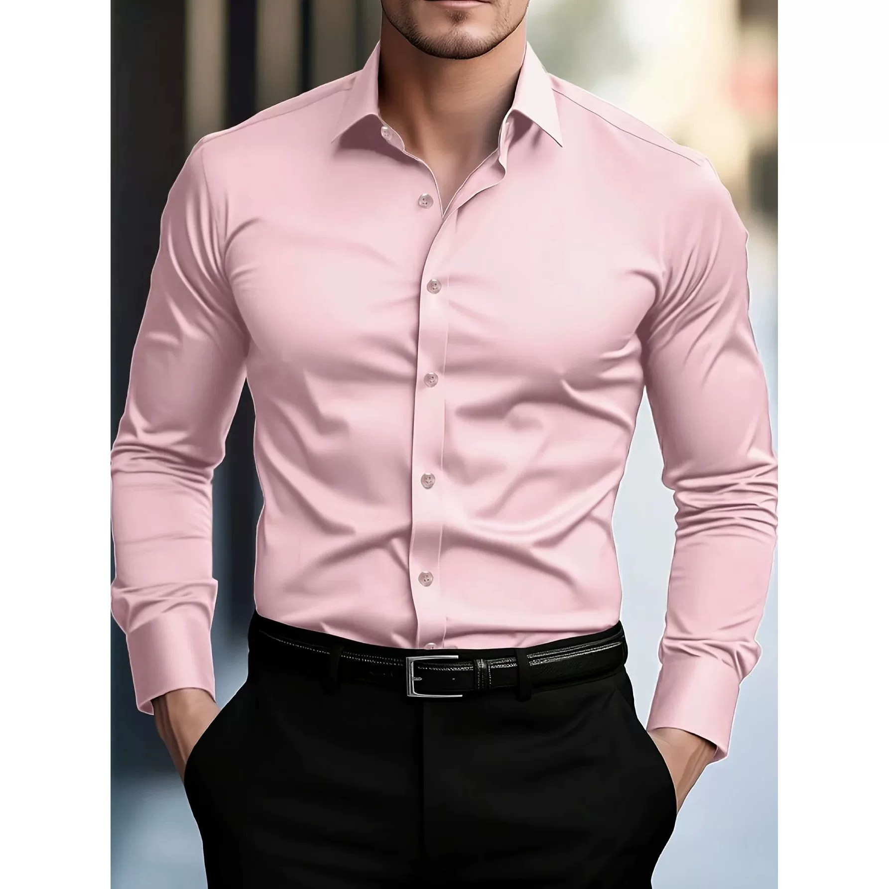 2026 European and American tough guy style tight-fitting shirt for men, slim fit, non-iron, long-sleeved cardigan, shiny, reflective, casual workwear 